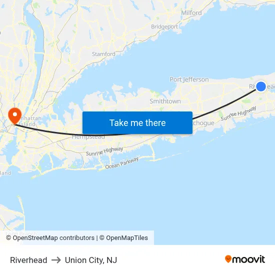 Riverhead to Union City, NJ map