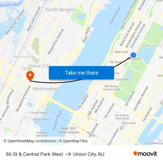 86 St & Central Park West to Union City, NJ map