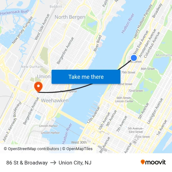 86 St & Broadway to Union City, NJ map