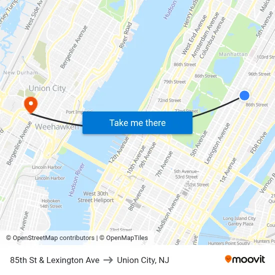85th St & Lexington Ave to Union City, NJ map