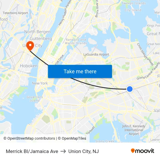 Merrick Bl/Jamaica Ave to Union City, NJ map