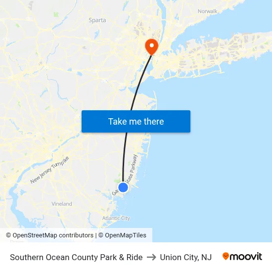 Southern Ocean County Park & Ride to Union City, NJ map