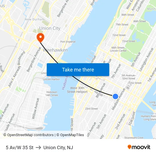 5 Av/W 35 St to Union City, NJ map