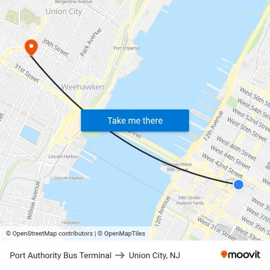 Port Authority Bus Terminal to Union City, NJ map