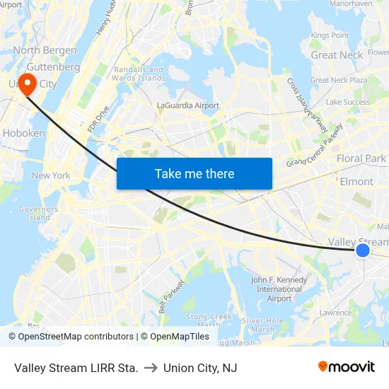 Valley Stream LIRR Sta. to Union City, NJ map