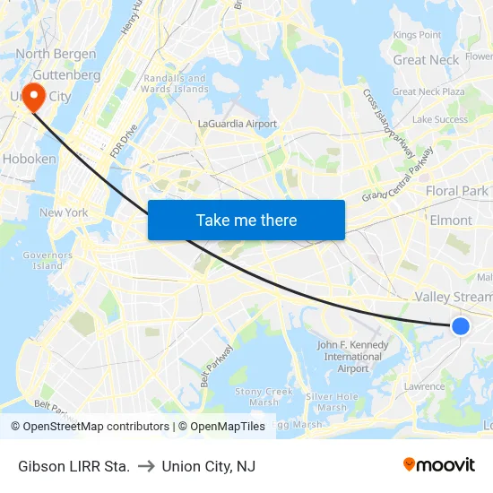 Gibson LIRR Sta. to Union City, NJ map