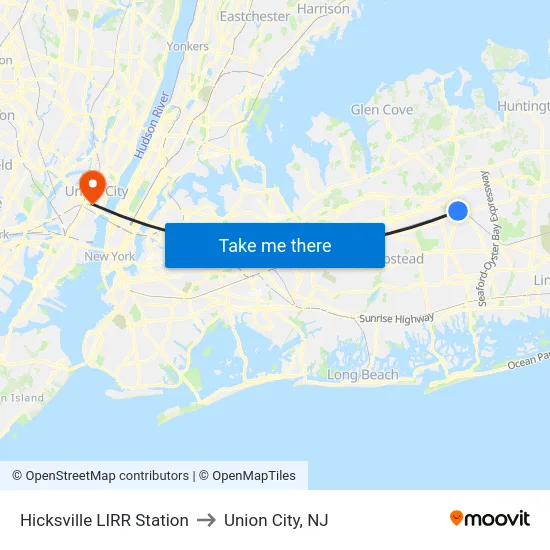 Hicksville LIRR Station to Union City, NJ map
