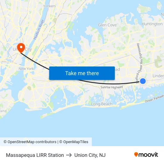 Massapequa LIRR Station to Union City, NJ map