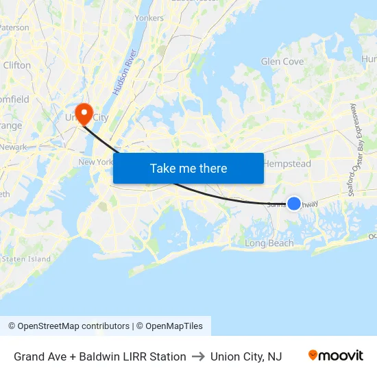 Grand Ave + Baldwin LIRR Station to Union City, NJ map