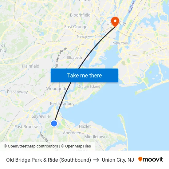 Old Bridge Park & Ride (Southbound) to Union City, NJ map