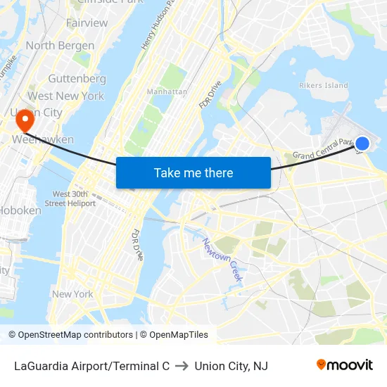 LaGuardia Airport/Terminal C to Union City, NJ map