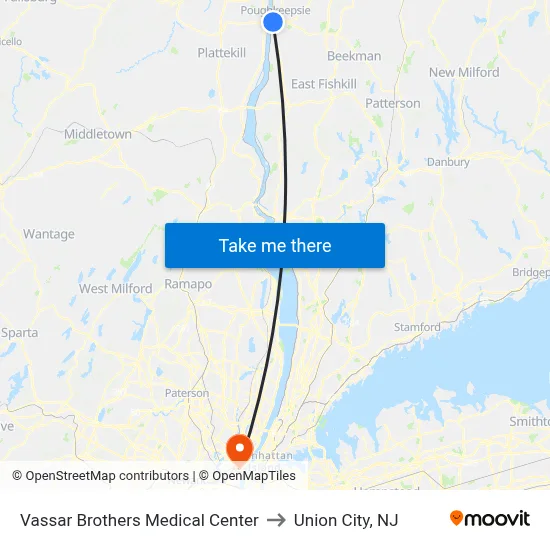 Vassar Brothers Medical Center to Union City, NJ map