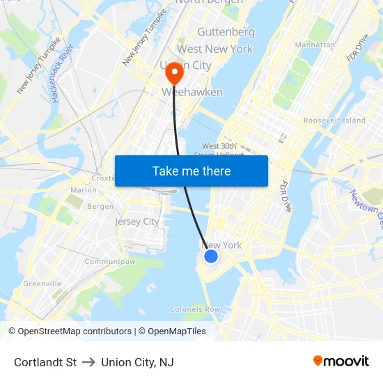 Cortlandt St to Union City, NJ map