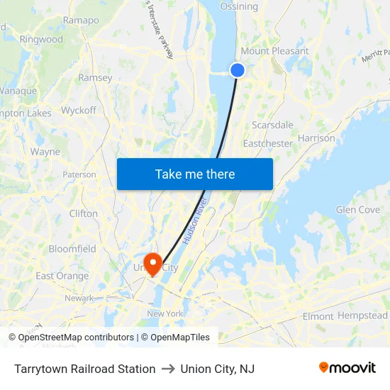 Tarrytown Railroad Station to Union City, NJ map