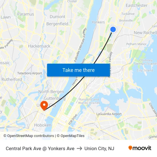 Central Park Ave @ Yonkers Ave to Union City, NJ map
