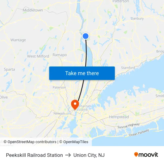 Peekskill Railroad Station to Union City, NJ map