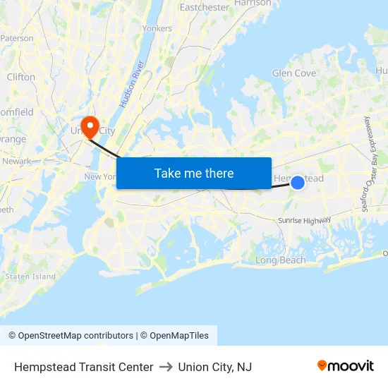 Hempstead Transit Center to Union City, NJ map