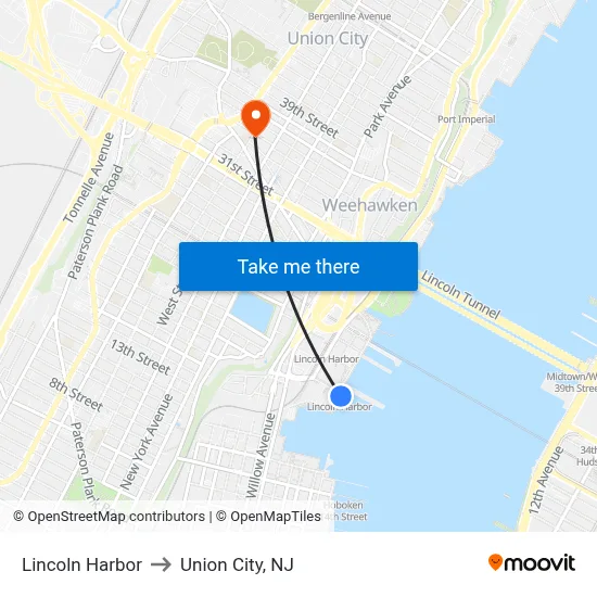 Lincoln Harbor to Union City, NJ map