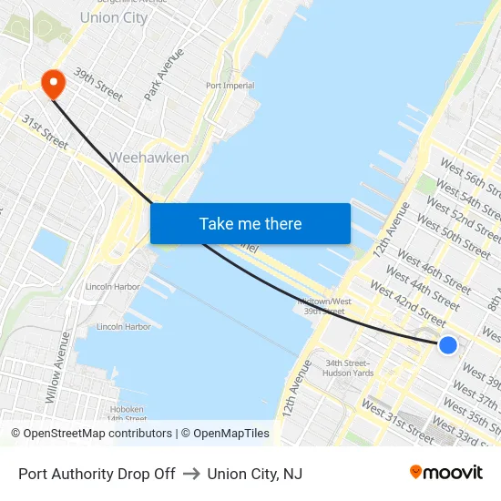 Port Authority Drop Off to Union City, NJ map