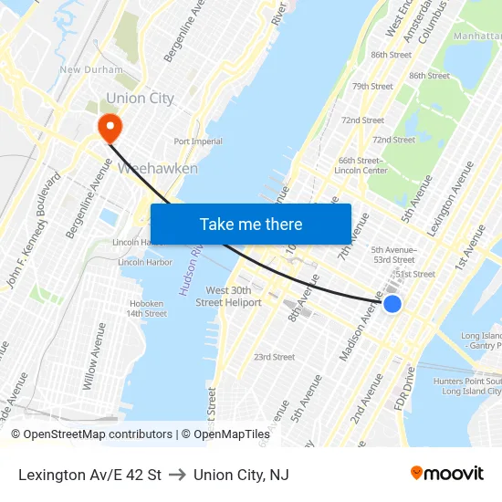 Lexington Av/E 42 St to Union City, NJ map