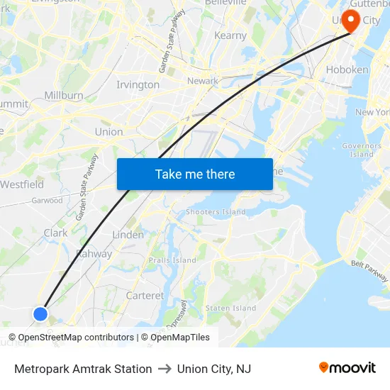 Metropark Amtrak Station to Union City, NJ map