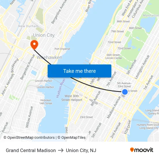 Grand Central Madison to Union City, NJ map