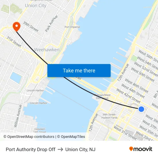 Port Authority Drop Off to Union City, NJ map