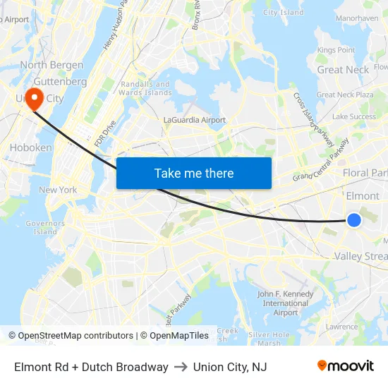 Elmont Rd + Dutch Broadway to Union City, NJ map