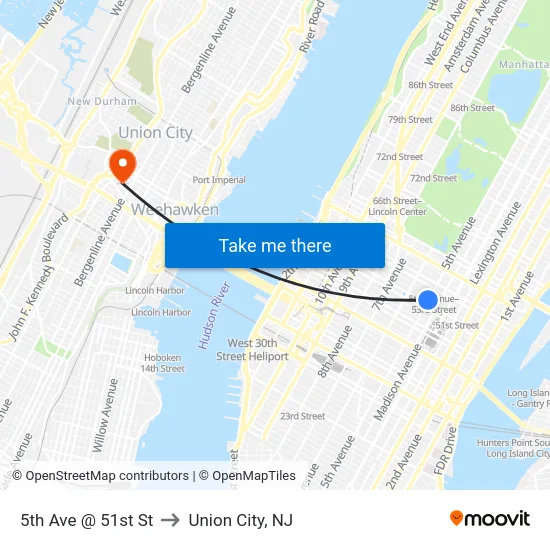 5th Ave @ 51st St to Union City, NJ map