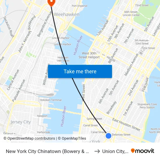 New York City Chinatown (Bowery & Canal St) to Union City, NJ map