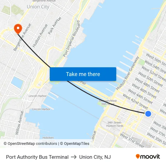 Port Authority Bus Terminal to Union City, NJ map