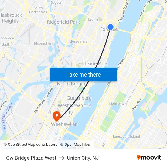 Gw Bridge Plaza West to Union City, NJ map