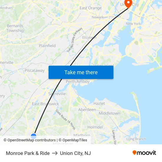 Monroe Park & Ride to Union City, NJ map