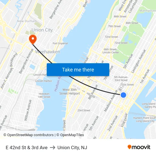 E 42nd St & 3rd Ave to Union City, NJ map