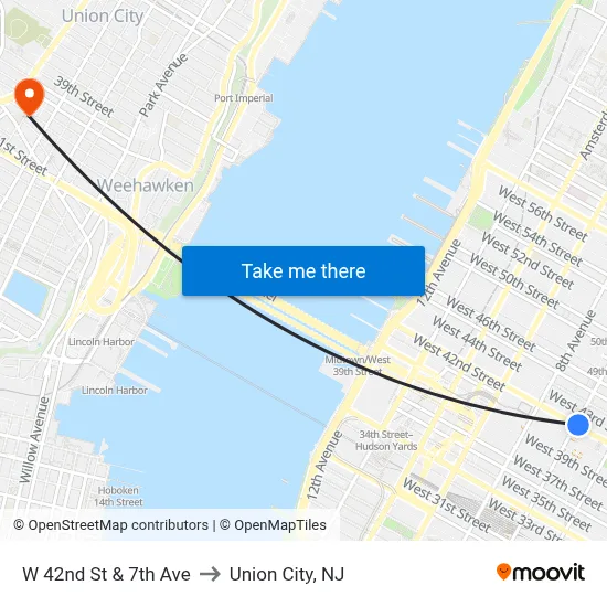 W 42nd St & 7th Ave to Union City, NJ map