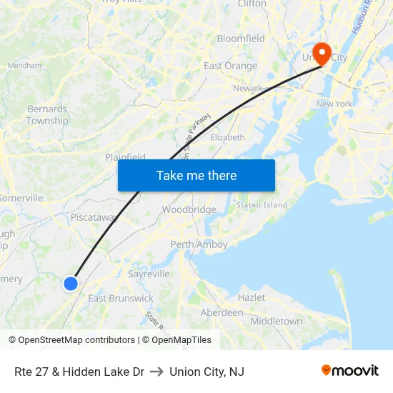 Rte 27 & Hidden Lake Dr to Union City, NJ map