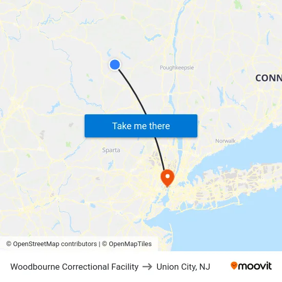 Woodbourne Correctional Facility to Union City, NJ map