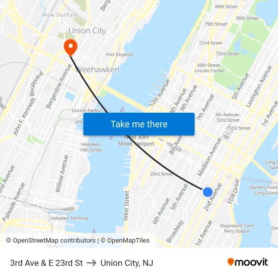 3rd Ave & E 23rd St to Union City, NJ map