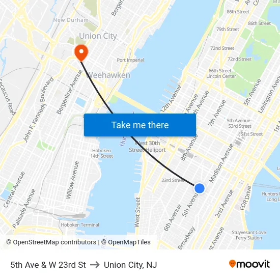 5th Ave & W 23rd St to Union City, NJ map