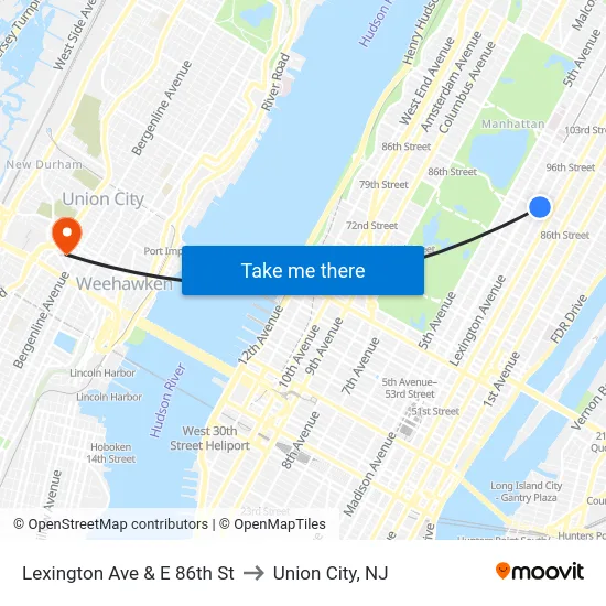 Lexington Ave & E 86th St to Union City, NJ map