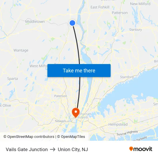 Vails Gate Junction to Union City, NJ map