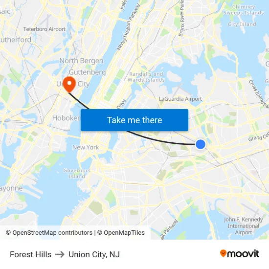 Forest Hills to Union City, NJ map
