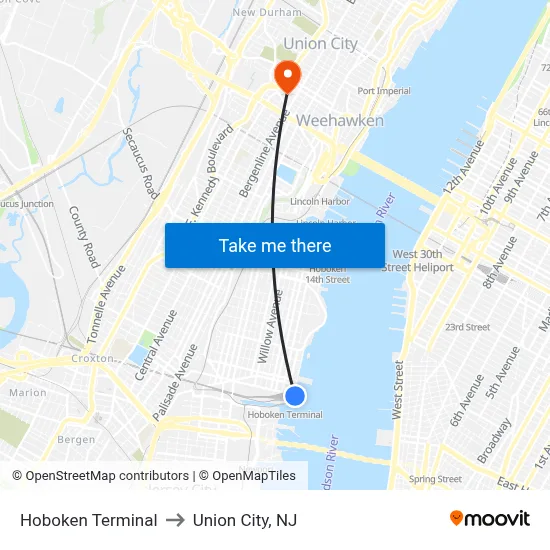 Hoboken Terminal to Union City, NJ map