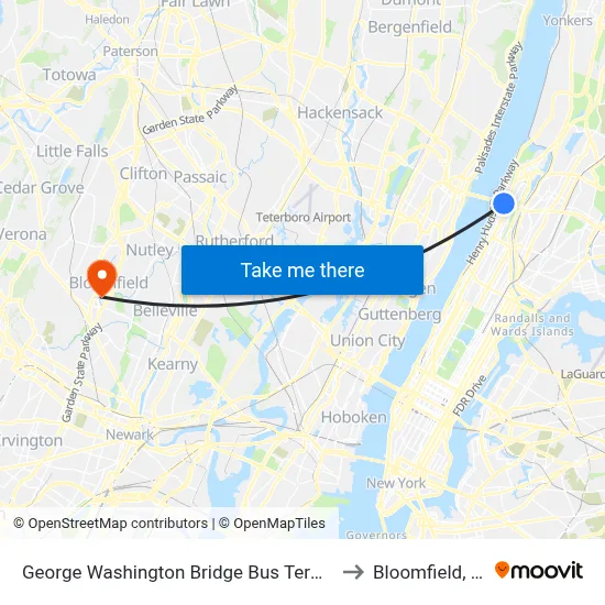 George Washington Bridge Bus Terminal to Bloomfield, NJ map