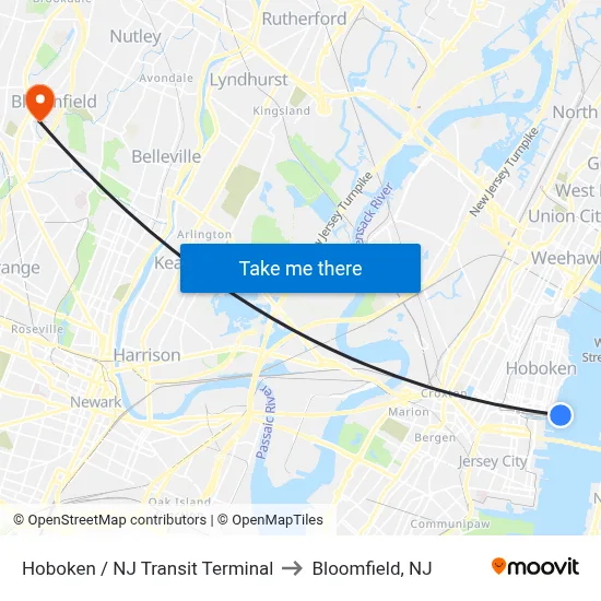 Hoboken / NJ Transit Terminal to Bloomfield, NJ map