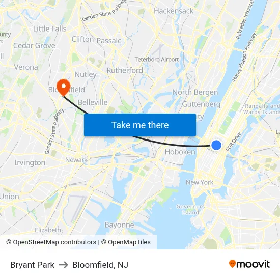 Bryant Park to Bloomfield, NJ map