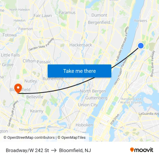 Broadway/W 242 St to Bloomfield, NJ map