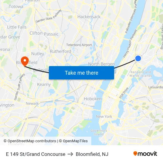 E 149 St/Grand Concourse to Bloomfield, NJ map