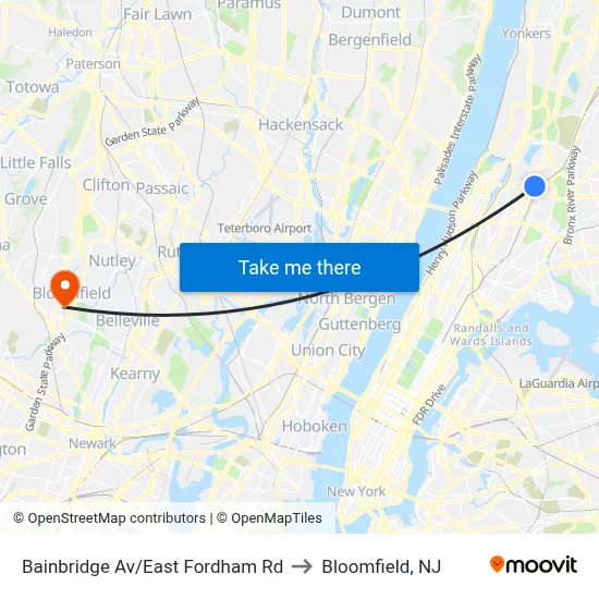 Bainbridge Av/East Fordham Rd to Bloomfield, NJ map