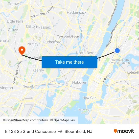 E 138 St/Grand Concourse to Bloomfield, NJ map